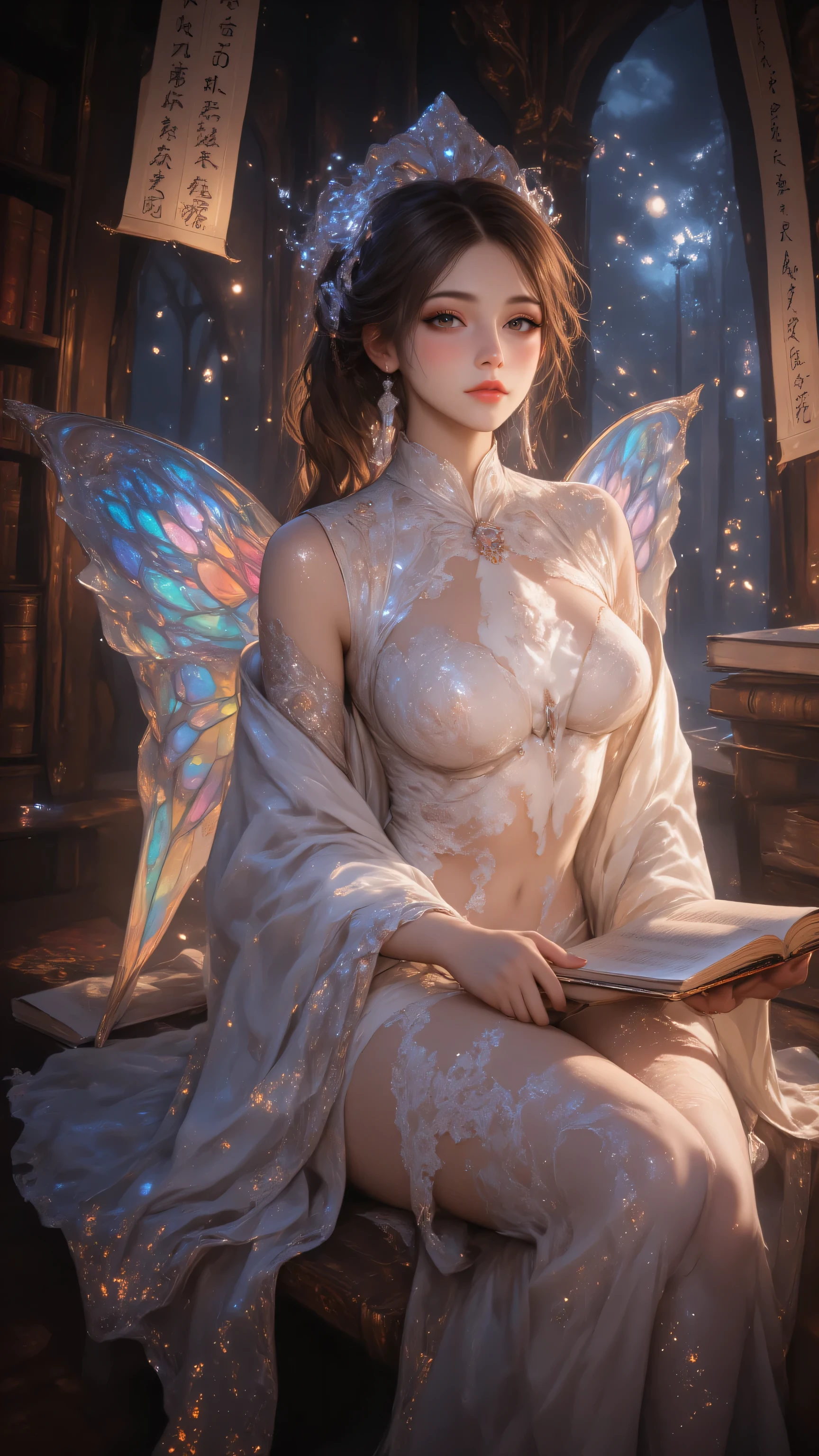 A young 15- yr old native Australian girl with lovely charming face,(  pale skin texture masterpiece),( wearing glasses),(smiling with exposed teeths showing)(perfect full body detailed anatomy), (Super accessories detailed), (meditating ), (perfect detailed bright sparkling eyes),( short ponytail illuminating orange gemstone crystalized hair), ((expose big hard erect nipples))(( exposed panty ))((legs wide open showing pussy line))(( Wearing transparent illuminating costume of a magician)), holding a treasure book or box (( illuminating different lights covering the sorrounding atmosphere)) on its back (wearing beautiful large top hat with butterfly wings detailed design), The character solemnly praying, 7 different perspective view of that same girl & face profile sheet character style 