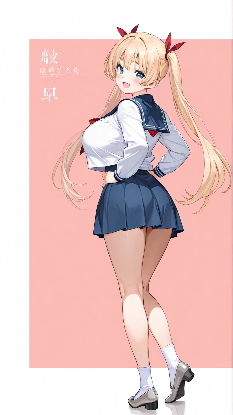 ((masterpiece)), ((best quality)), (ultra detaile:1.2), Pose like an erotic doujinshi character, //, a cute girl, 1girl, (solo:1.2), //, school uniform, //, beautiful Golden blonde hair, ((beautiful eyes)), white-skinned, Long curly hair, big breasts, Voluptuous body, //, (ahegao:1.3), laughing, full body, gradation, //, Bright pink background designed with hearts, //, shiny-glistening, ultra shiny body, gleaming