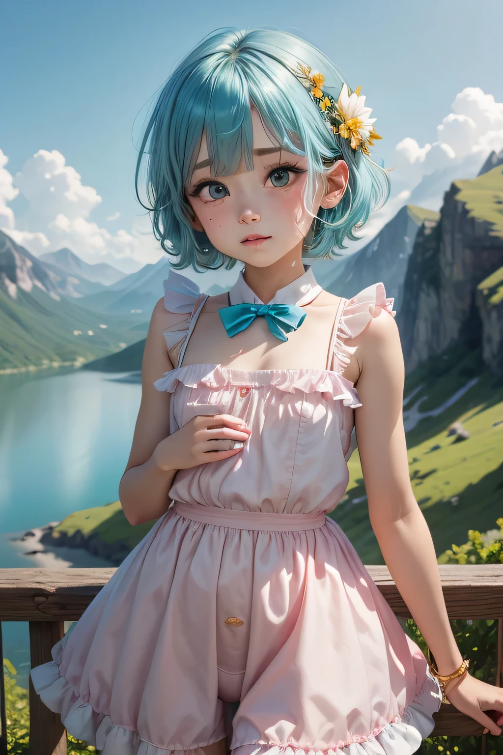 Femboy, otoko no ko, (flat chest), sexy body, white skin, smooth skin,((blue aqua hair)), short hair, shy face, blush on face, cute face, cute lips, blue eyes, frilled dress, medium dress, red and gold dress,sexy fose, cute fose, mountain flower background frame