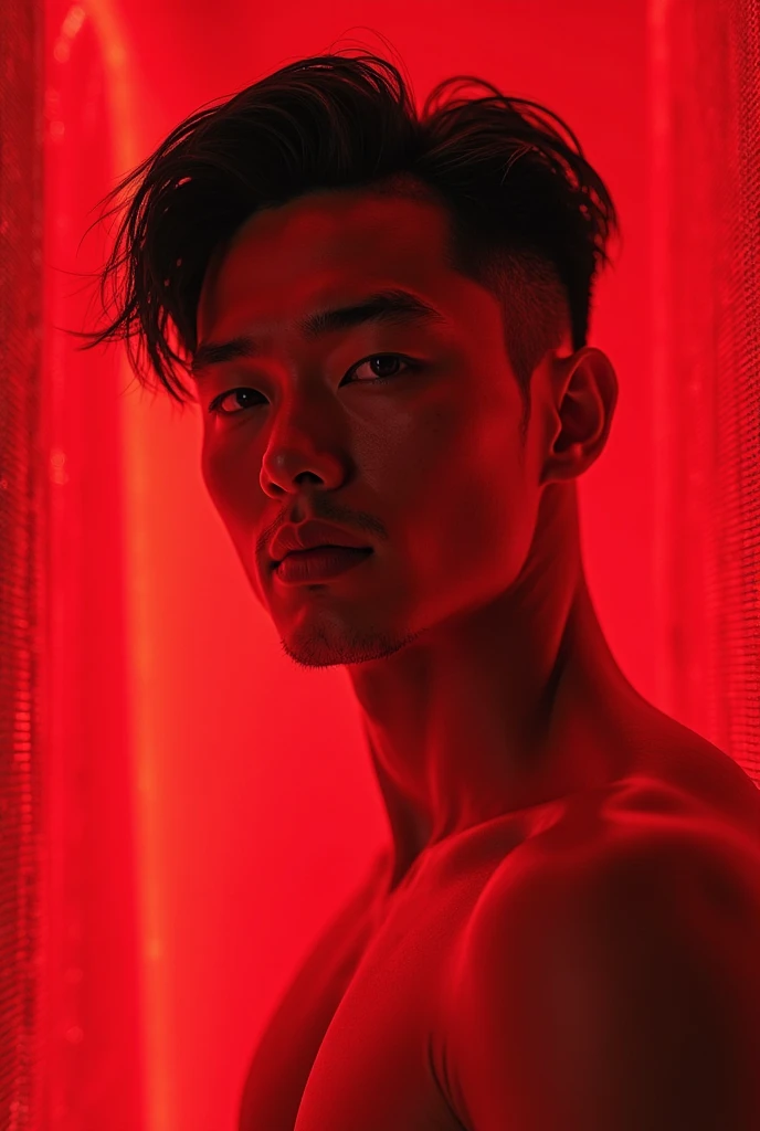 best quality, masterpiece, hyper realistic, extremely detailed, "1K" text in neon lights in the background, jockstrap, extremely handsome filipino man, groping himself, muscular bodybuilder, half body, fill frame, dark cinematic lighting, extremely dramatic shadows, no background, perfect face, perfection, no signature, no logo