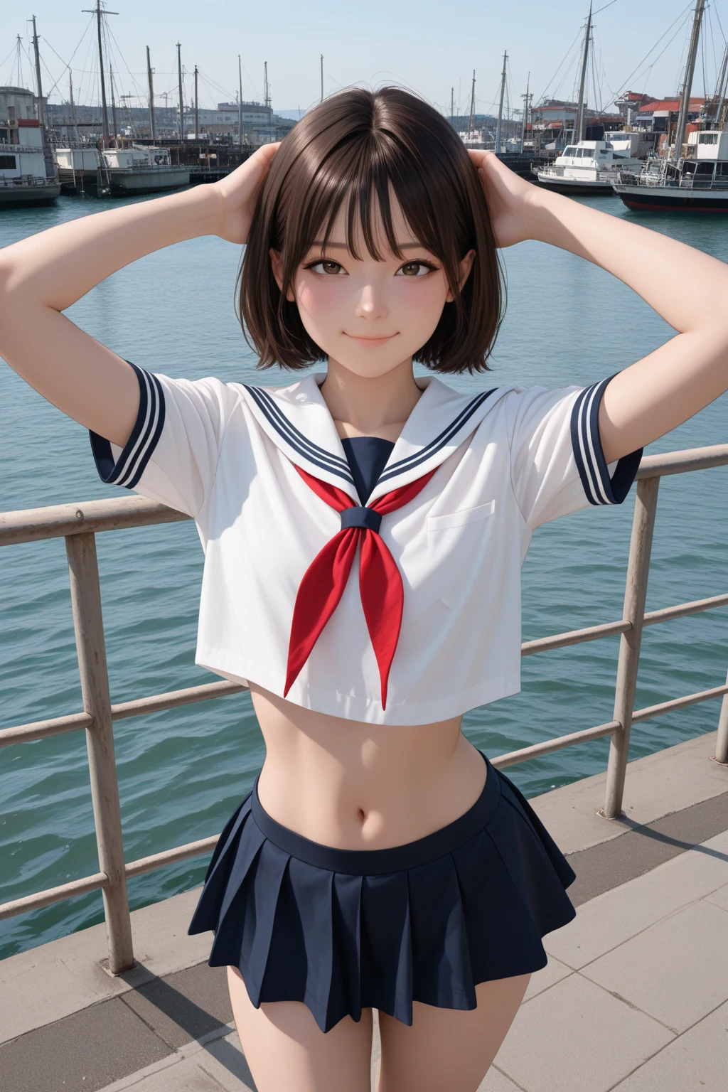 ((Highest quality)), ((masterpiece)), (detailed), 1 high school girl, 18-year-old、Black Hair、Fluffy short hair、Fantasy Makeup、in the sea、Red gingham checked gym uniform、