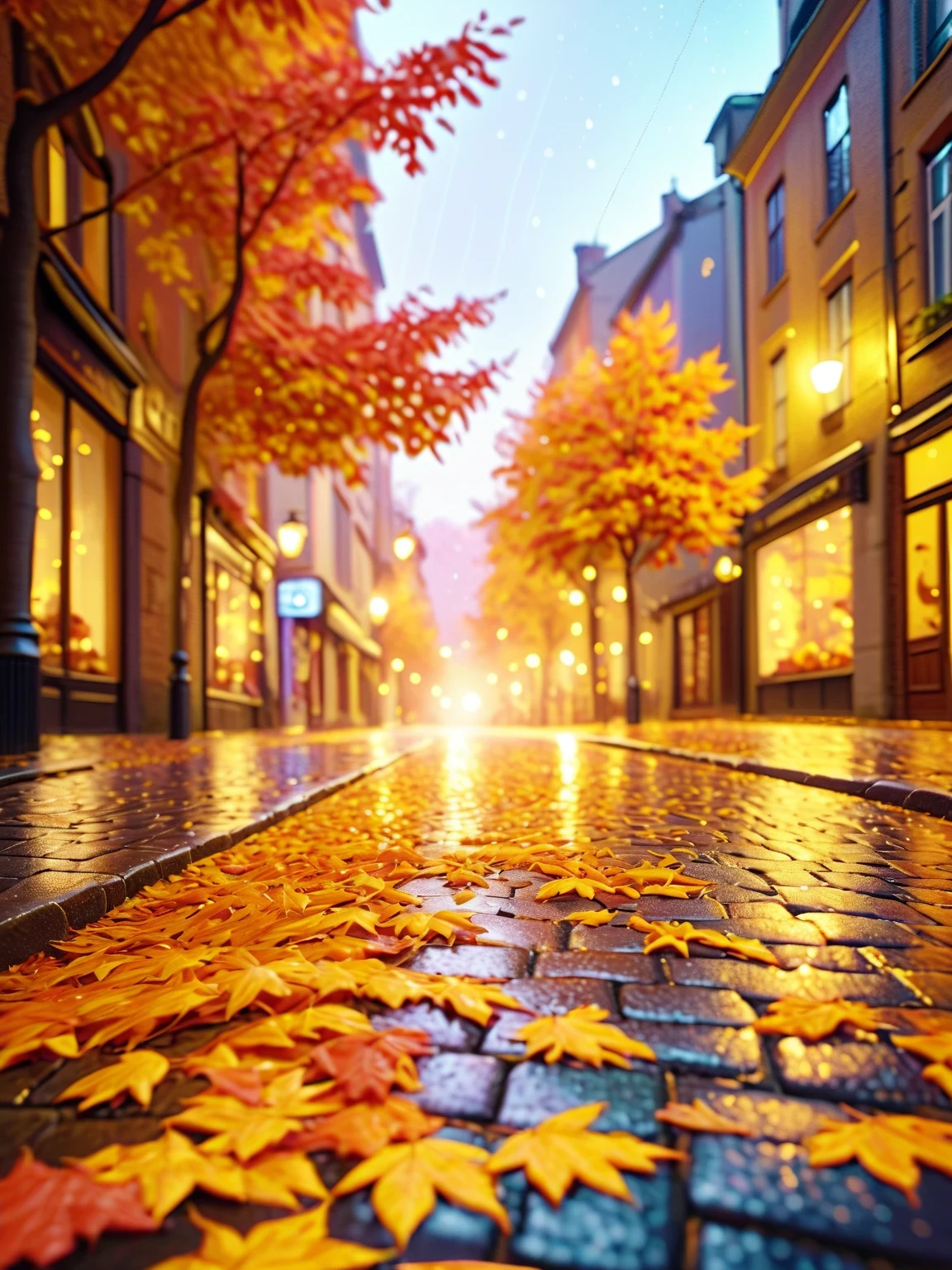 HD photo, In a surreal cityscape, a rain-soaked street glows with vibrant hues as the sun breaks through painted clouds. Golden leaves, shimmering with rain, dance in the breeze, spiraling down onto glistening cobblestones. The blurred background fades into a soft, colorful mist, highlighting the leaves as the centerpiece of this dreamlike autumn scene.