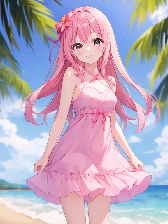 Anime illustrations in the style of "Kyoto Animation", highest quality, (cute: 1.1), (cute), (high resolution: 1.2), incredibly ridiculous: 1.3, incredibly fine illustrations, break 1 beautiful girl, Solo, (heterochromia, light blue eyes and light green eyes), silhouette of star eyes, solo, standing figure, happy, :d, princess eyes, big breasts, break, braid, light pink hair, semi-long hair, red ribbon at the end of braid, break, Pink ruffled bikini, sandy beach, sea, parasol, lying on leisure sheet, sunny
