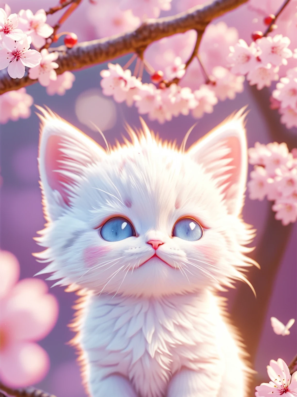 (Absurdres:1.2), exquisitely detailed chibi Adorable white kitten, 8k, cherry blossoms, illustration | ((More_Detail))
