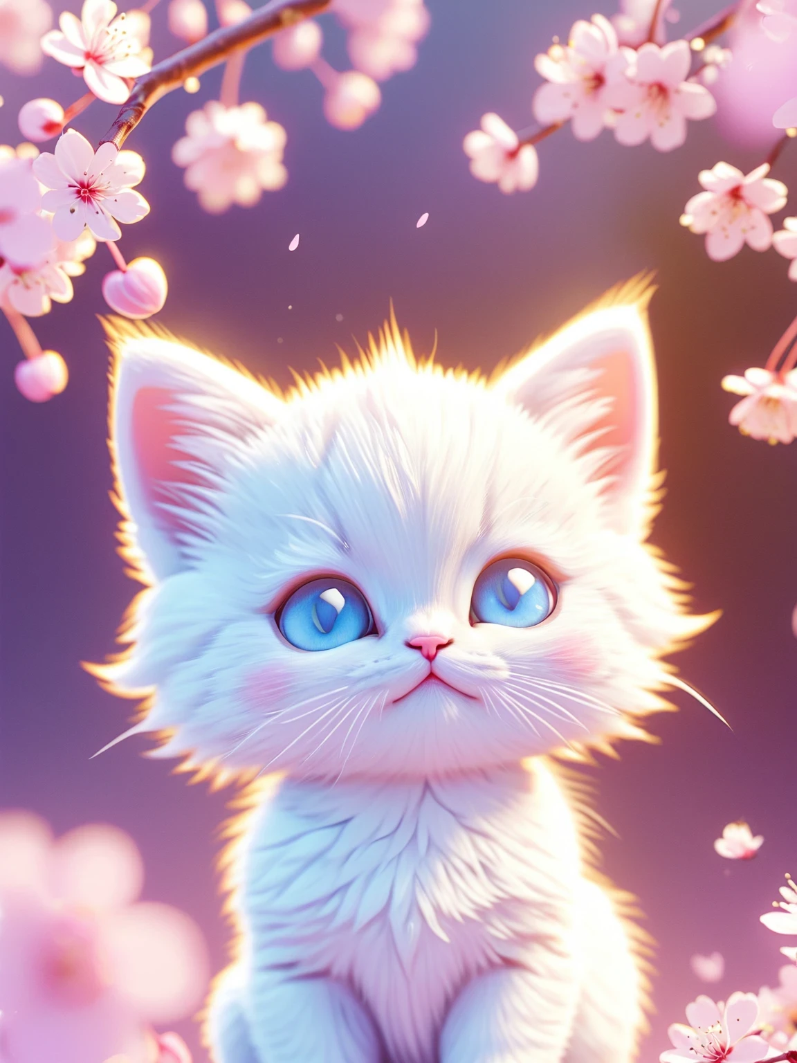 (Absurdres:1.2), exquisitely detailed chibi Adorable white kitten, 8k, cherry blossoms, illustration | ((More_Detail))