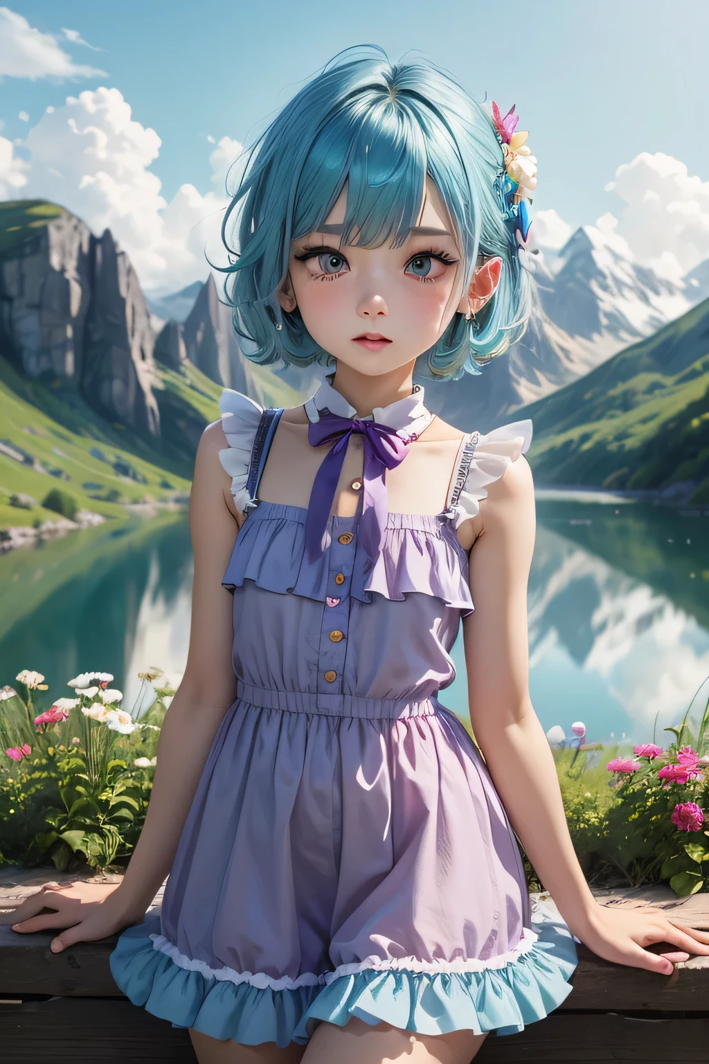 Femboy, otoko no ko, (flat chest), sexy body, white skin, smooth skin,((blue aqua hair)), short hair, shy face, blush on face, cute face, cute lips, blue eyes, frilled dress, medium dress, purple dress,sexy fose, cute fose, mountain flower background frame