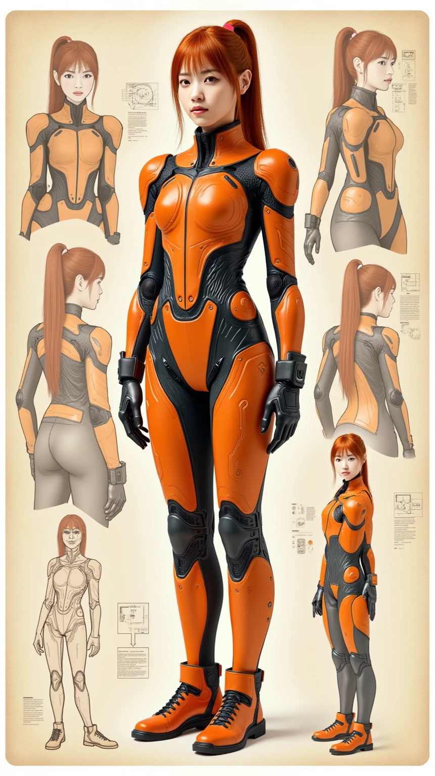 Illuminated internal frame,sexy,cute,Mechanical Boobs,Female Robot,Close-up of two different views of a robot wearing a helmet, detailed Full body concept, Full body concept, Bio-Organic Varia Suit, full body and head view, Mechanical Body, human structure bee concept art, Sci-Fi Suit, Sectoids, Female body type, Humanoid Type, full body and head, Official concept art