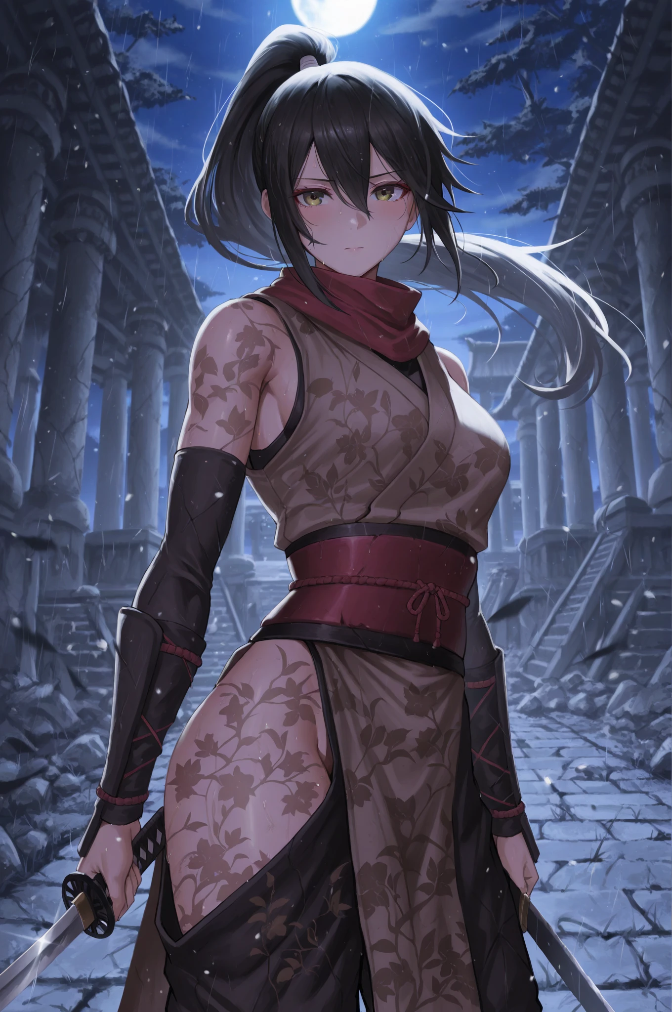 masterpiece, high quality, 1girl, kujousaradef, kujou sara genshin impact, outdoors, day, simple background, blue sky, short hair, sky, temple, looking at viewer, stairs, mountain, moody lighting, facing viewer, anime character with black wings and purple background, genshin impact character, genshin impact style, genshin, genshin impact, official character art, underboob