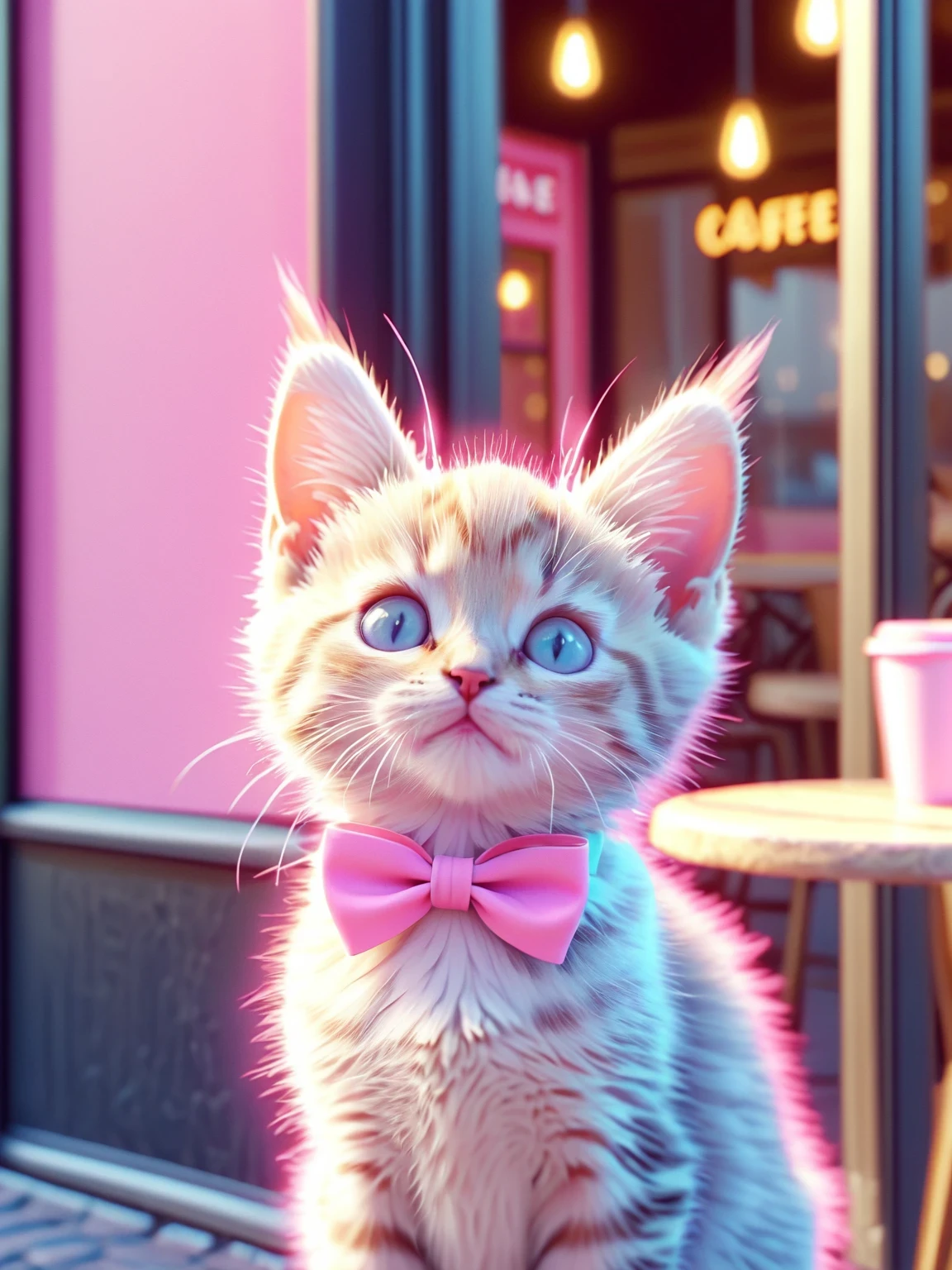an aesthetic image of a kitten with a pink bow in front of a cafe in paris, white and light pink tetradic colors, UHD 8k, octane render high detail, hyper-detail, illustration.