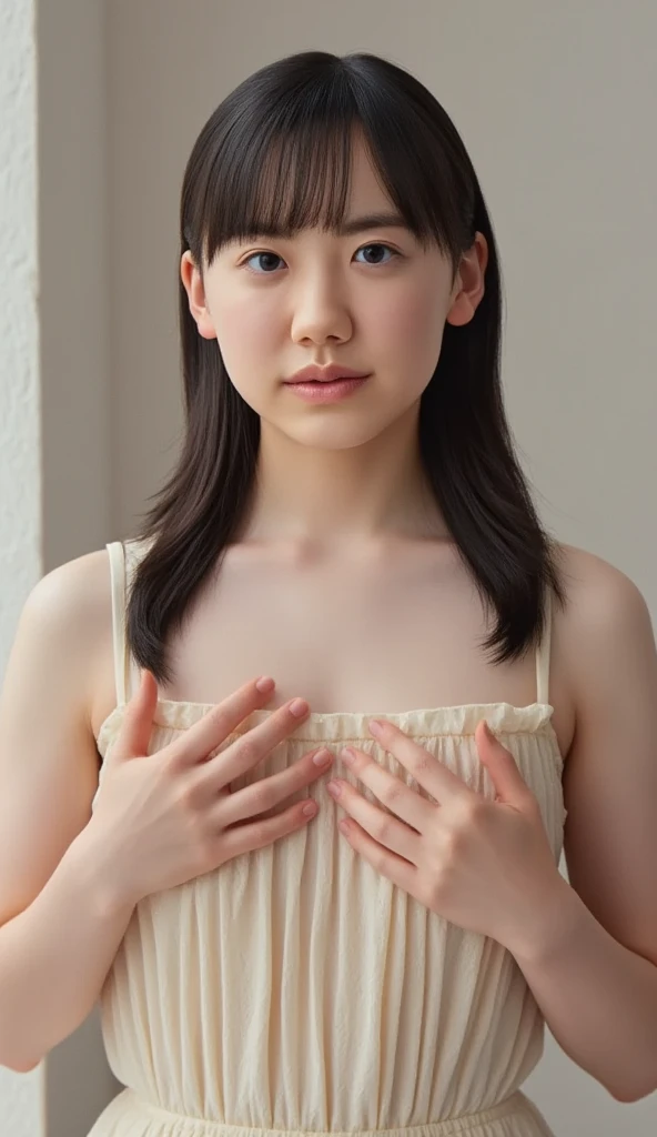 (8k、RAW Photos、Highest quality、masterpiece:1.2)、((Very flat chest、topless、Night view:1.6))、((Red dress、A long dress、Shiny Dress:1.3))、((skinny、smile:1.2))、(Realistic、Realistic)、1 person、(cute)