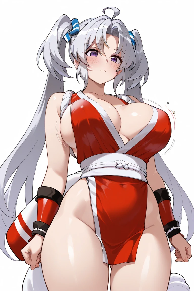 masterpiece, best quality, beautiful art, high resolution, well formed hands, body and fingers, 1 woman, solo, Rinna Mayfield, elf ears, red makeup, red lipstick,adult, grown up,  cosplaying as Mai Shiranui , mai_shiranui_cosplay, adult, large and big breasted, cleavage, full body , hair ribbon, gorgeous legs and, thighs, sexy Japanese clothes, hair ornament , sexy and bare legs , hips and thighs, panties peekryona , in peril, she has been beaten up she is now cornered against the wall, helpless and vulnerable, she is dizzy and exhausted, looking at the viewer with anxiety and fear, she is afraid, terror in her eyes, gasping, being at the edge of defeat, tied up, heroine in peril, ryona scene 