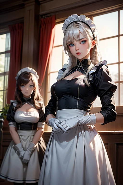 1 Gorgeous maid woman, black and white outfit and white stockings, very tight clothes on her body, Gigantic Breasts, (short blond hair with movement in the wind) and (blue eyes), looking at the viewer, well defined and uniform body, she inside from the bathroom standing in front of the bathtub with open shower, wet clothes and wet body, maid headdress, eyepatch, Anime, masterpiece, 16k, highres, best quality, high details, textured skin, anatomically correct