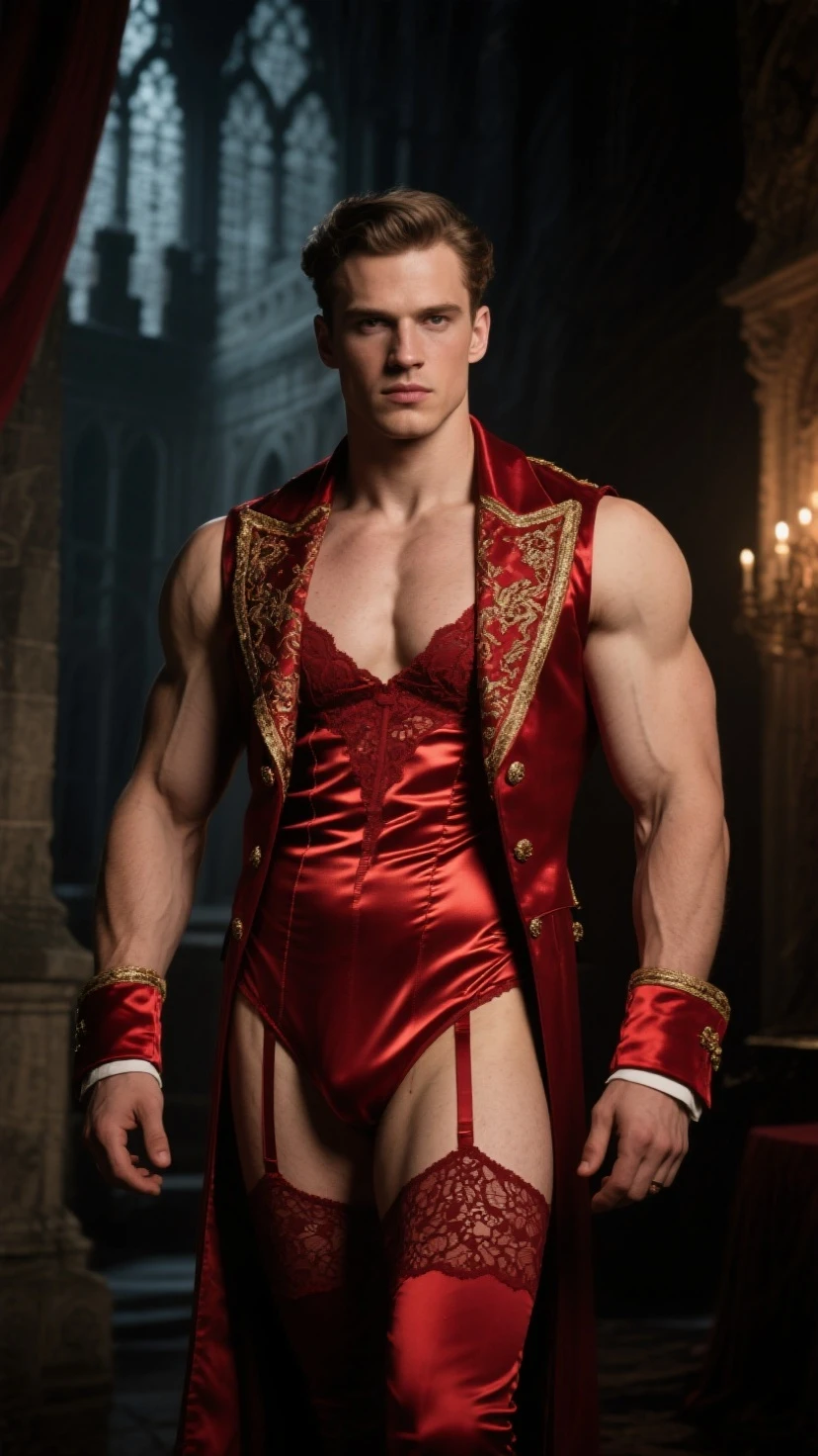 personagem masculino, Homem, dracula, vampiro, Olhos vermelhos, corpo magro e sarado, Calistênic body, sexy, anime 8k, bonito na arte demon slayer, coberto por uma capa, Nu sob o manto, pentelhos grandes e macios, muitos pentelhos, NFSW, sem censura, coxas malhadas, lingerie por debaixo da capa, Harem of men in the background