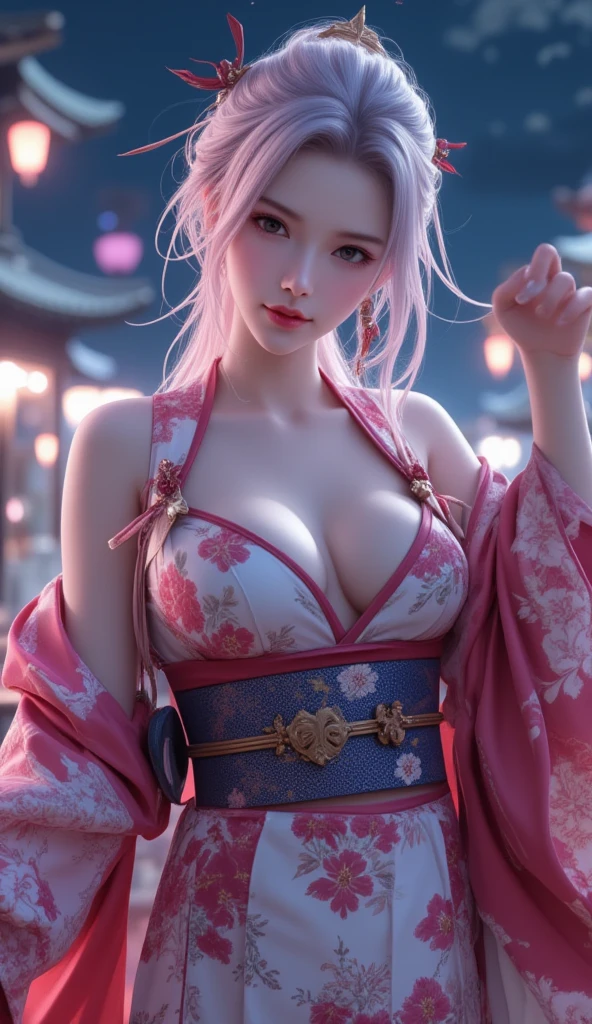 highest quality, Masterpiece,silky platinum pink hair, beautiful Eyes, the most beautiful highly detailed layed kimono with sash and ribbons, Looking up from a 45° angle, Prominent massive accentuated super huge enormously gigantic nude breasts showing,, ,hair,Fair skin,Side braid, Extra Super Long Hair, Charm, Sensuality, Eyes that seem to draw you in, Eye highlights, Sharp focus on the eyes, cherry blossoms blowing in the wind Shinto shrine 