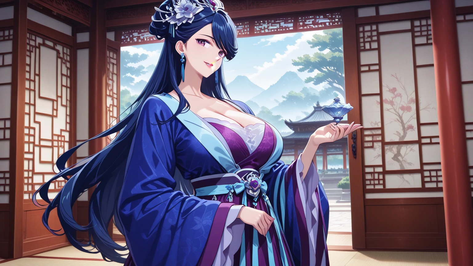（best quality）,Wulin Beauty，Eyes domineering and affectionate，Perfect eyebrows，Nice and handsome face，，Blue purple ancient costume robe，Mid-chest，Dancing with a red umbrella，Mid-chest，The background is a valley，firefly，4k