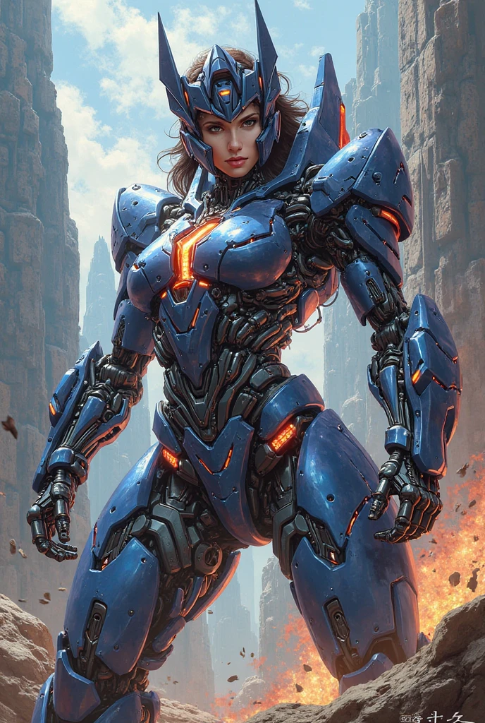 nousr robot, masterpiece, best quality, 8k, fantasy photo of beautiful (nude female wear very skimpy blue chrome mecha armor:1.2), (perfect face:1.2), (long hair:1), photorealistic highly detailed hard surface modeling texture, wind blow, dark blue skies, sci-fi city, reflection of light, reflective lighting, sharp focus, dynamic battle pose, face focus, manga effect, by greg rutkowski and viktoria gavrilenko