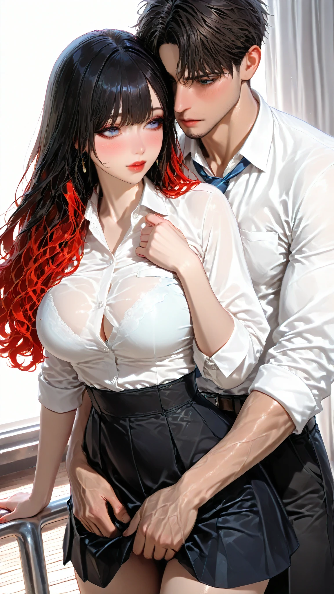 Two people in the scenes, half-rabbit girl, maid's uniform, extremely short skirt, wearing thin-framed round glasses, red hair and a strong man, wearing a suit, hugging the woman from behind and groping her breasts hard, fingers squeezing her breasts hard, between her fingers, (large breasts, big neckline, 18-year-old girl,  vampire, big-toothed, gorgeous, northern European girl's face)), ((big breasts, big cleavage showing a nipple, black and transparent panties, sweaty and wet, crotch showing, thighs turned, brunette skin)). Full body image. Photorealistic face, realistic eyes, smile. In the background bar type English Pub,(high resolution:1.0), beautiful lighting, perfect lighting, realistic shadows, [highres], detailed skin, ultra-detailed, legs open, forward bent position, thighs, (beautiful long red hair), soft navel, soft belly, soft back, top angle, blush, photorealistic, realistic face, realistic eyes, malicious smile ((realistic style))) ((neckline))), (eyeliner), (mascara).
Negative prompts