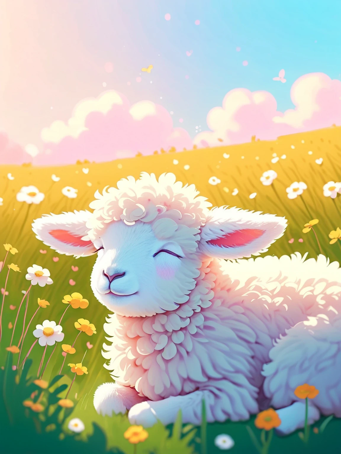 (Cute fluffy Lamb sleeping peacefully in a flower field), art by atey ghailan, painterly anime style at pixiv, very detailed, high resolution, illustration