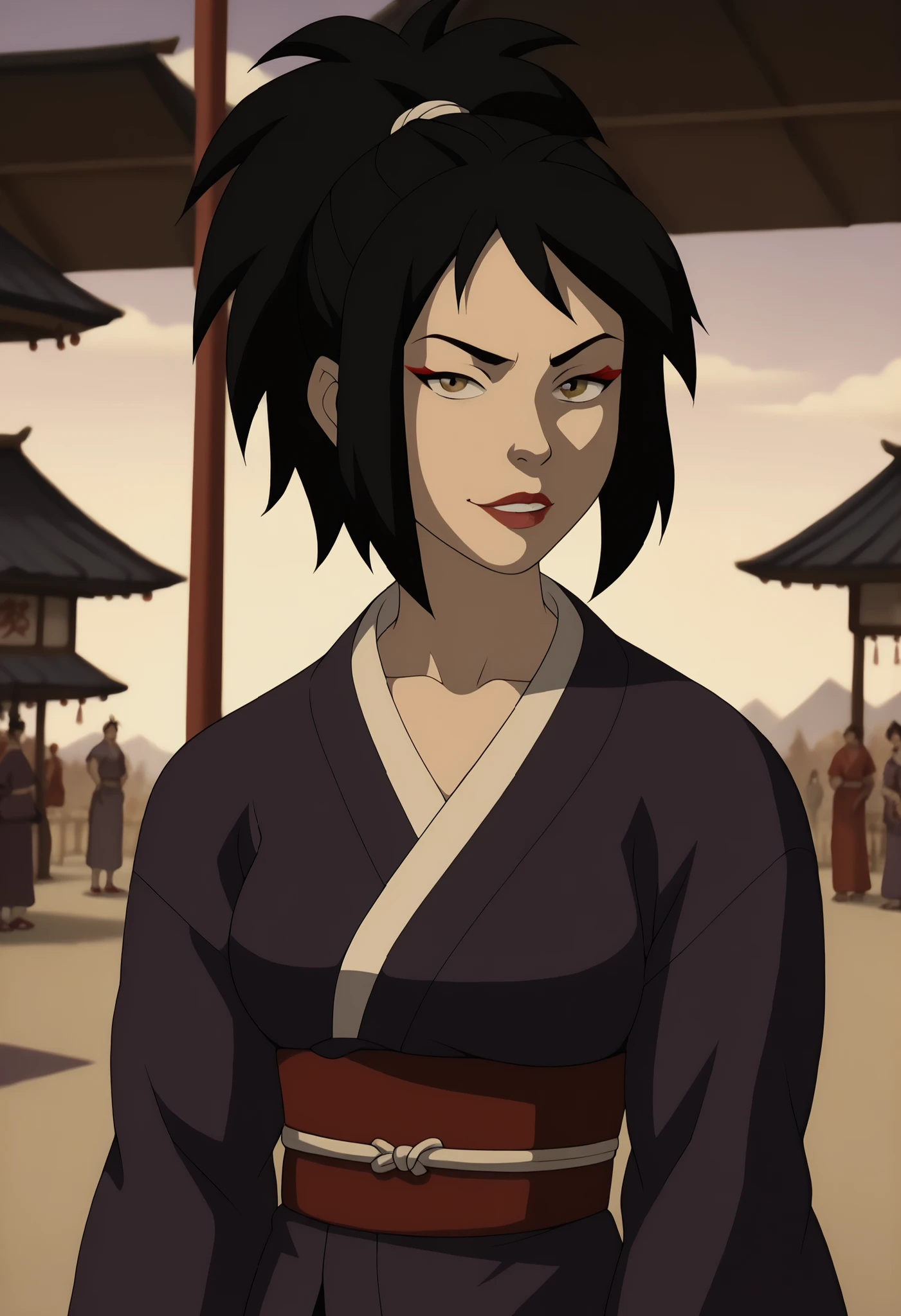 An avatar character. A girl. Purple traditional clothes. black hair. Red. Evil. Dark Make-up