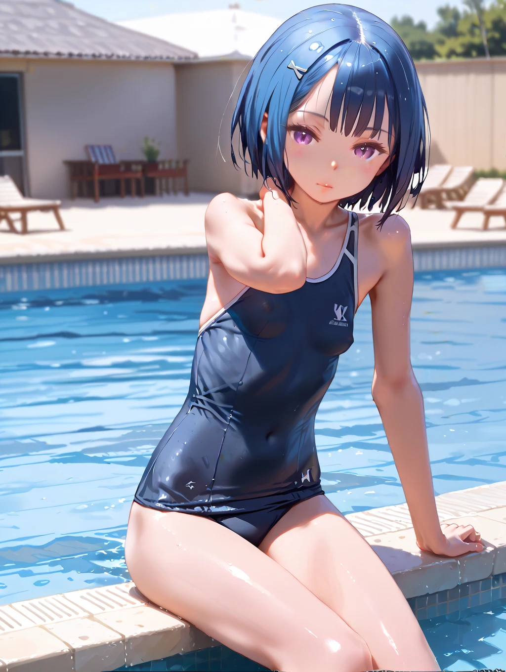 Absurd, Super detailedな,(In 8K:1.3),Masseter muscle area,(masterpiece:1.2)、(Highest quality)、4K、Super detailed、(Movement Structure:1.4)、(Shining Lights）, High resolution, Best Quality、(One girl:1.4),Super detailedな,Bright colors、Treebreak Production Art,High-level image quality、Fine image quality、Intricate details,Volumetric Lighting,Realism BREAK、Profile、 Idol face、15 years old、Very beautiful face and eyes, Beautiful images、 natural make up、puffy eyes、catchlight eyes、deep detailed eyes、 (Big Tits)、(glossy skin :1.5), (Light blue hair,short hair、blunt bangs:1.2)、 (orgasm face)、 (A school swimsuit with a vivid texture:1.3)、(Breast bag)、 (School poolside),(Baby Face:1.2)、squatting、(shoot from behind:1.2)、nice butt