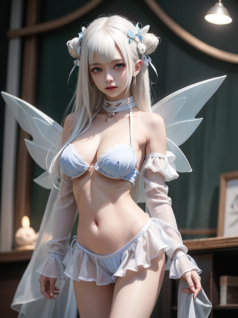 (((White French Maid: 1.11))), (((Skin is often exposed)), Lolita, Young wife, Japan, 16 years old, Girl, Smile, Long hair, White hair, White stockings, Full ribbon, Whitish costume, Full body, (((Angle to see breasts from above)), Too short pleated skirt, (Big: 1.41), Chest Pulling Up, Chest Lifting, (Slender Body), corset, fairy, feather, fluffy