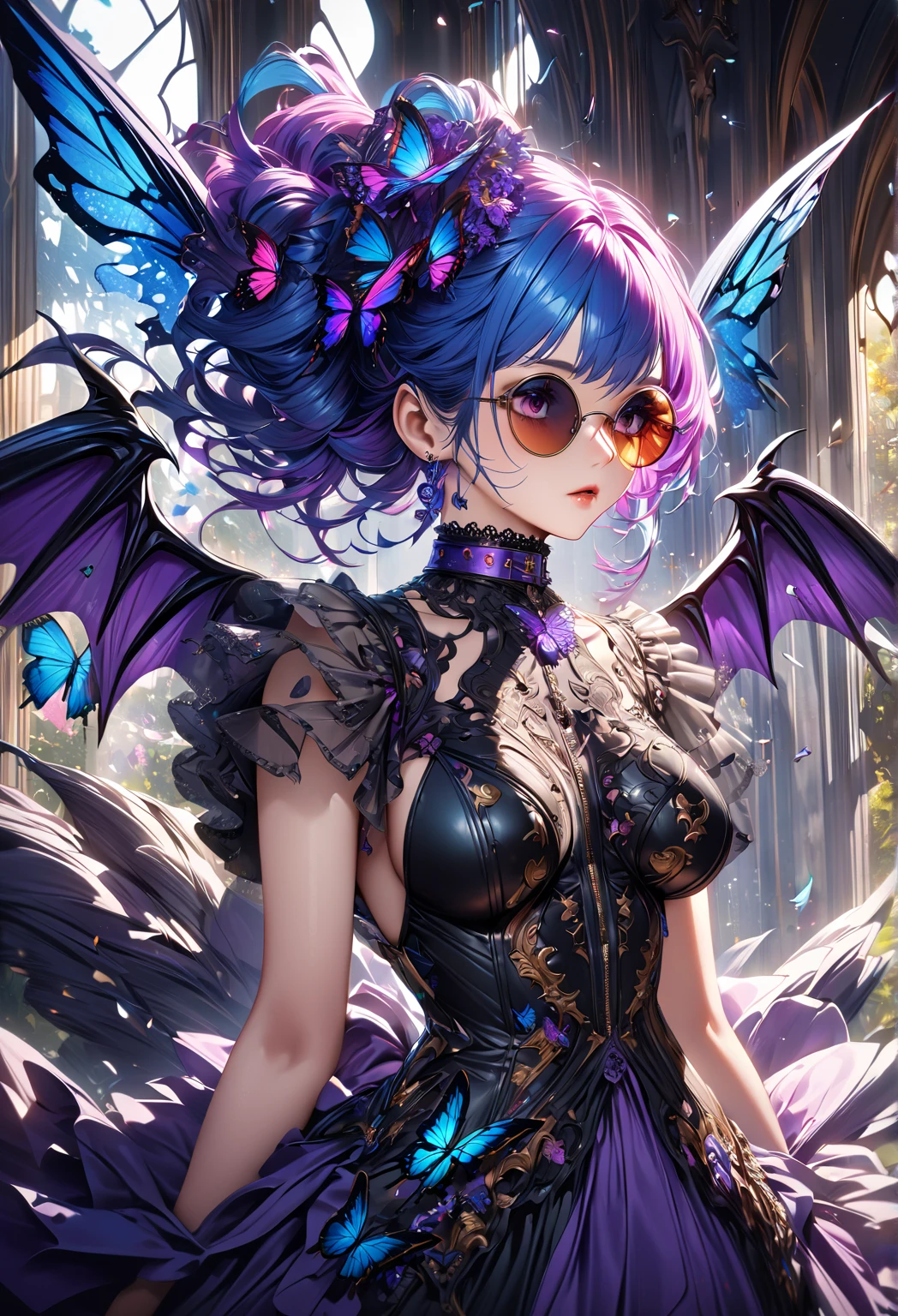 Nsfw, {{{{2girls}}}, {{hyper photo realistic}}, {hyper cute anime face}, {{masterpiece}}, {{superfine illustrations}}, {{hyper detailed very colorful hair}}, {{hyper detailed shape skin}}, {{detailed elaborately patterned beautiful eyes}}, {{hyper detailed cyberpunk colorful frill body dress}},{{Elaborately patterned mechanical wings}}, {{symmetrical reflection}}, ((slim waist)), }, cinematic angle, cinematic lighting, soft lens flare, depth of field, {{{hyper beautiful detailed cyberpunk city landscape}}}, {foggy}, {{Shining halo}},