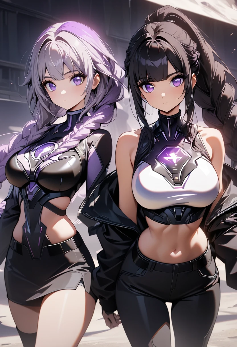 masterpiece,best quality,best resolusion,1girl,2 heads,detailed,conjoined,stelle hsr character,long gray hair,yellow eyes,smile,wearing a tight white t-shirt,wearing a black open jacket with yellow patterns,wear black gloves,normal breasts,beautiful face,beautiful hair,beautiful eyes,beautiful body,beautiful hand,HDR,ultra high res,,perfect lighting,colored,4K