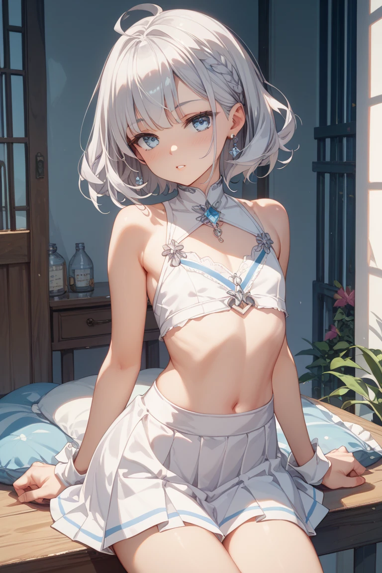 , (Masterpiece, Slim Body, Delicate Fingers: 1.2), Best Quality, (Illustration: 1.2), (Hyper Detail), Eye Focus, Ultra Detail, (Fine Detail), (Intricate Detail), HDR, (Ultra Detail: 1.15), (Soft Light: 1.2), (1 girls), Inside the classroom, Wear, ((blue sportswear) , (blushing:1.3), (White hair and blue highlights),cyan eyes, teenager, embarrassed face, medium, short hair, solo, multicolored hair, ahoge, (flats chest:1.2), mismatched pupils, multicolored eyes, high quality, best quality, full body image,