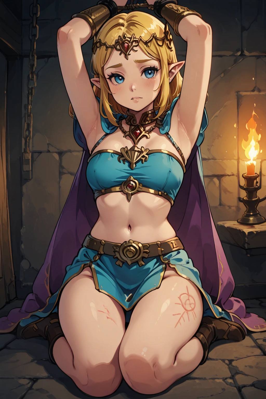 (highest quality), (masterpiece), nsfw, nude,One girl,20-year-old,Excellent anatomy, masterpiece, highest quality,Realistic, hyperRealistic, 16K HDR, (Braiding,Cleavage,damaged body,Sweat,Beautiful Face,Mature Woman,cleric,Torn Costume,Arm guard,Leg guards,Pauldrons:1.2), (blush,cry,:1.2),Fantasy World,Outdoor,village,blue sky,(Surrounded by many vicious horny goblins:1.5), (Crucifixion,Spread the word_arms:1.5),ponytail, (((Golden nipple piercings)))