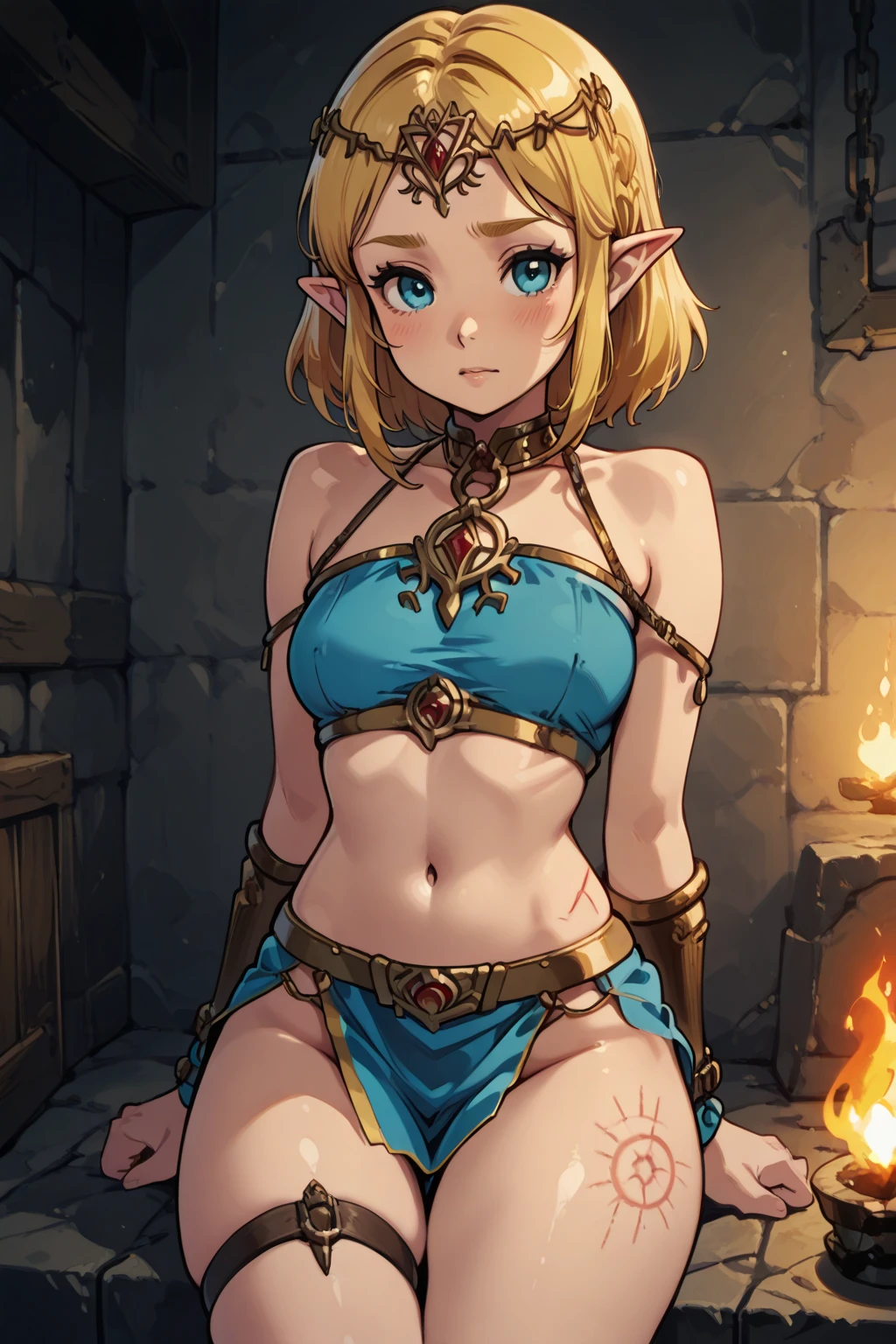 1slave, elf chained, bound, elf girl in shackles, squatting, kneeling, knees on the ground, bikini, camel toe, medium breasts, girl chained , chains, knees spread, shy and embarrassed expression, crowded market place, market