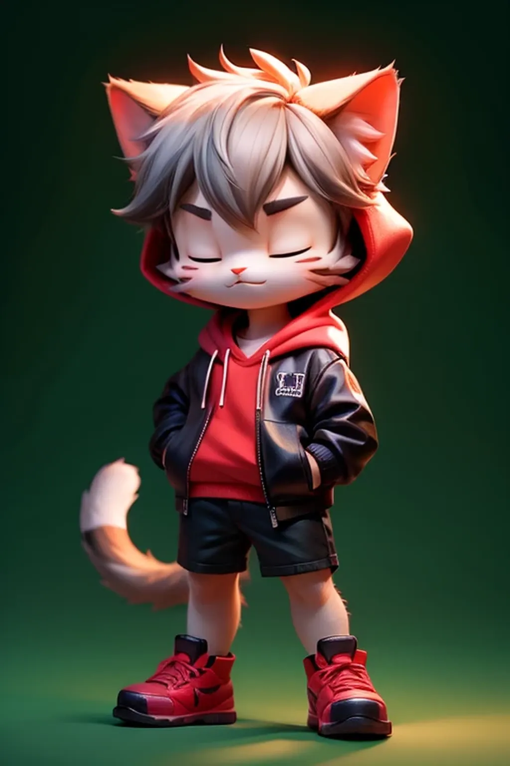cat-boy, toned, sharp big cat ears, cat tail, big black messy hair, extremely vibrant red eyes, HD, masterpiece, vibrant, slim dark black hoodie, full body view, neutral face, black thigh socks, combat boots.