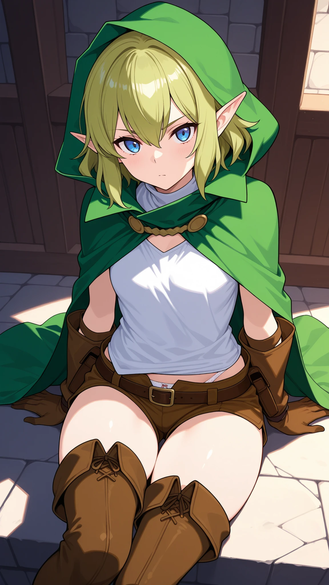 ryulionx, 1girl, elf, pointy ears, blonde, blue eyes, short hair, wavy hair, realistic, green cape, knee-high boots, medium shot, lying, <lora:Ryulionx2v1:0.6>