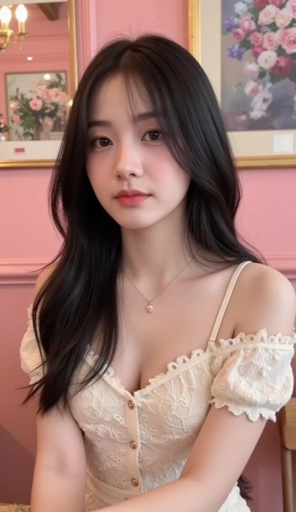 1 girl、17 year old female、Beauty、Black-haired、clothing(White off-the-shoulder dress、Casual enough to show your underwear) And a very slim figure,,,,,、Very thin leganicules、Earrings、Pink Lip、choker、Real、Sexual、Highest quality、Detailed face、Detailed Background、Depth of written boundary、whole body viewing angle、Get on your knees and sit on the couch、Sexual、alone、night,Highest quality、High resolution、超High resolution(Real:1.4)Detailed eyes、Gradation、Perfect anatomical figure、Woman with perfect body、Highly detailed skin、非常にDetailed face、Beautiful eyes in every detail、Background Blur