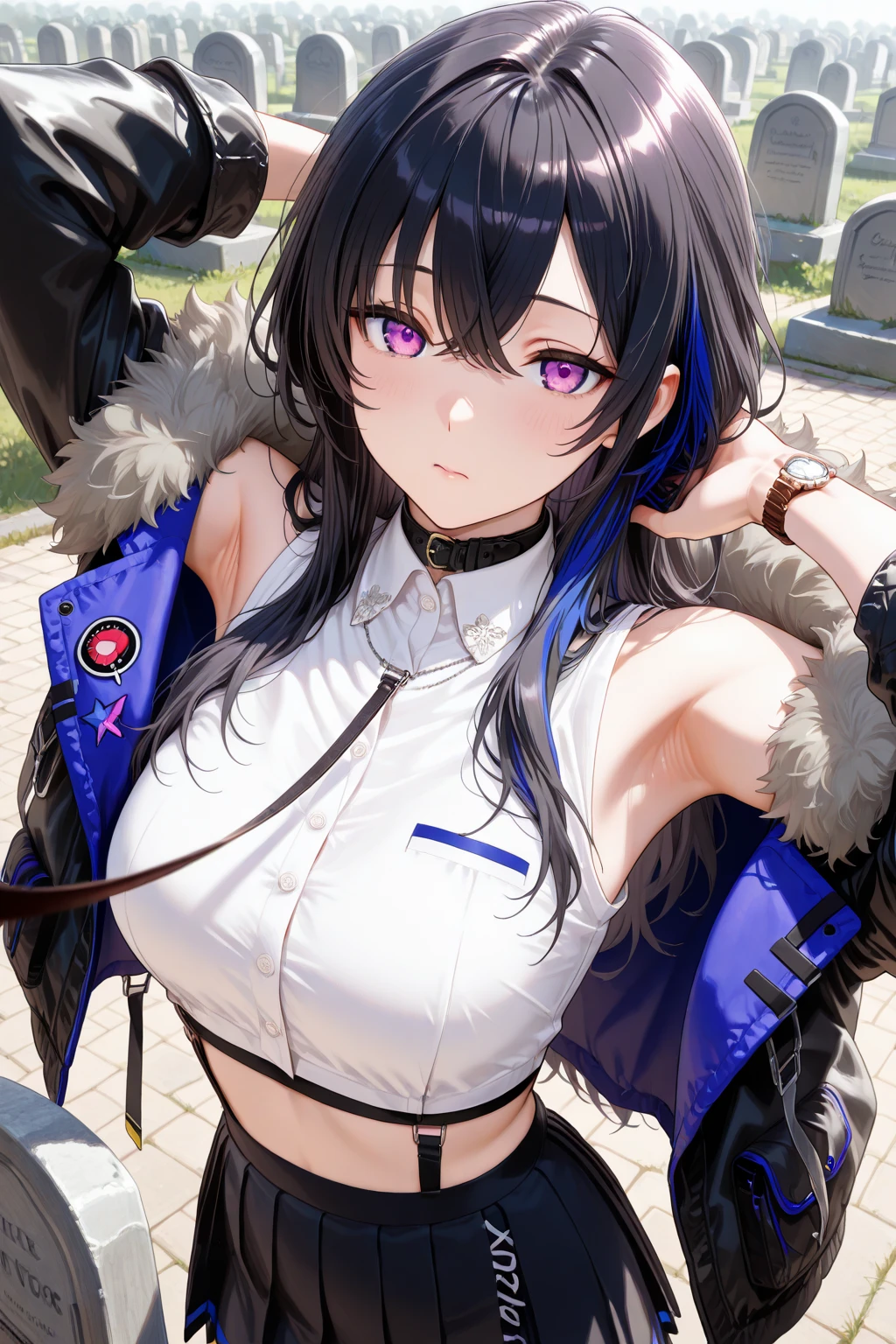 (masterpiece, best quality:1.2),illustration,8k,hd,absurdres,1girl,solo,cowboy shot,foch (rainbow rendezvous) (azur lane),ahoge,black shorts,bangs,bare shoulders,cleavage,collarbone,cropped sweater,cross hair ornament,crossed bangs,detached collar,grey hair,hair between eyes,hair ornament,hair over one eye,high-waist shorts,large breasts,latex shorts,long hair,looking at viewer,midriff peek,multicolored hair,navel,off-shoulder sweater,off shoulder,purple hair,red eyes,ribbon-trimmed sleeves,ribbon trim,sidelocks,skindentation,sleeves past wrists,smile,white sweater,zipper pull tab,<lora:Foch(azur)>,