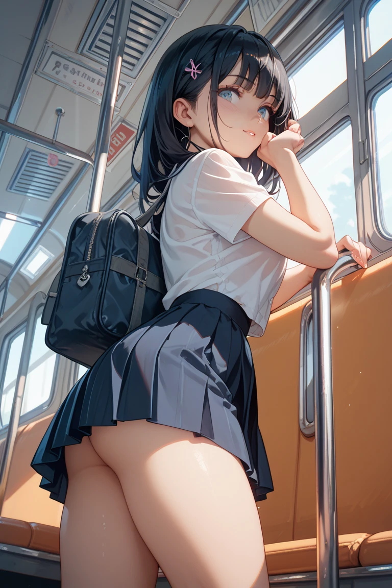 grasp、、High school girl in sailor suit grabs her butt on the bus、pleated skirt、a beauty girl１a person、Teddy bears１a person、grabbing the buttocks、Touching buttocks on the bus、summer、red blush、