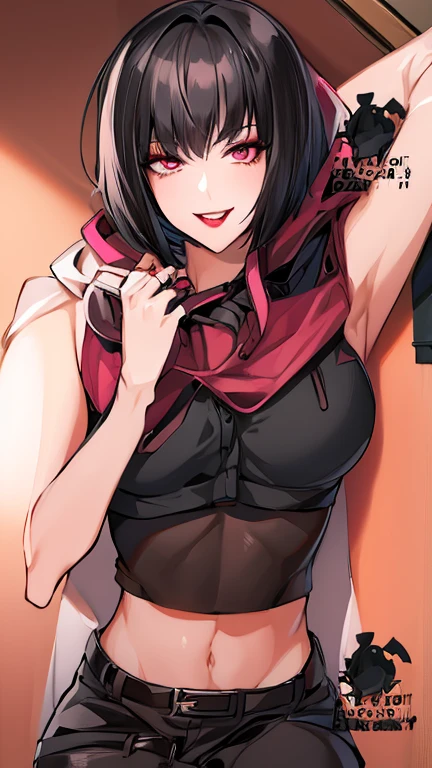 score_9, score_8_up, score_7_up, source_anime, rating_explicit, beautyful mature japanese woman, slim body, slender body, pink jacket, lax face, black big chocker, lowered black jeans,big long fringe black hair, black lipstick, black bra, SMOKING, pink panties