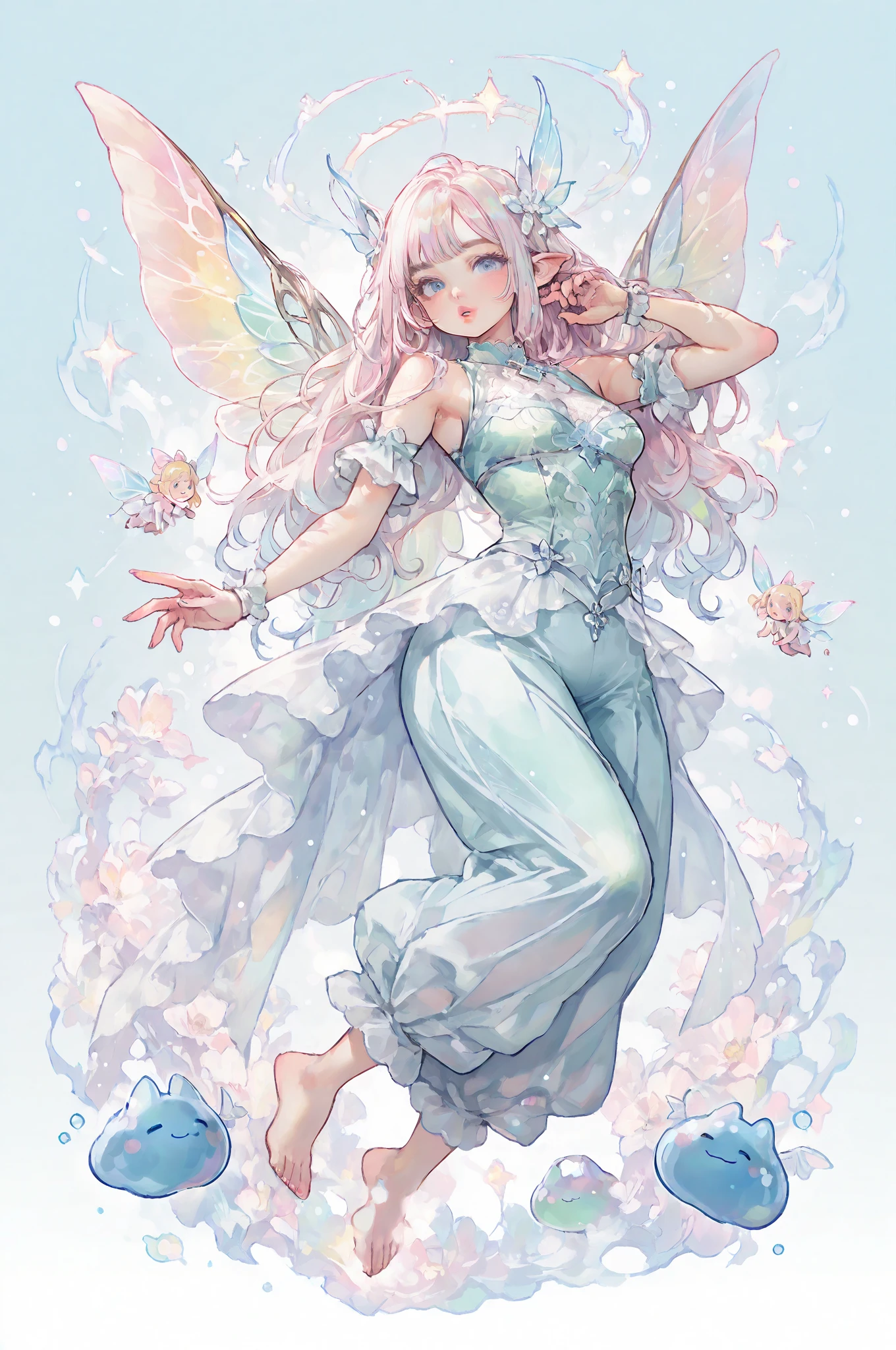 pastel colors, F_S_IChooseYou, thick lips, fantasy, catslime, full body, tomboy, fairy wings, highly detailed fantasy fairy portrait, intricate fantasy creature, mystical cat-like hybrid, expressive facial features, soft pastel color palette, delicate fairy wings, ethereal atmosphere, dynamic pose, photorealistic, 8K, HDR, vivid colors, professional digital art