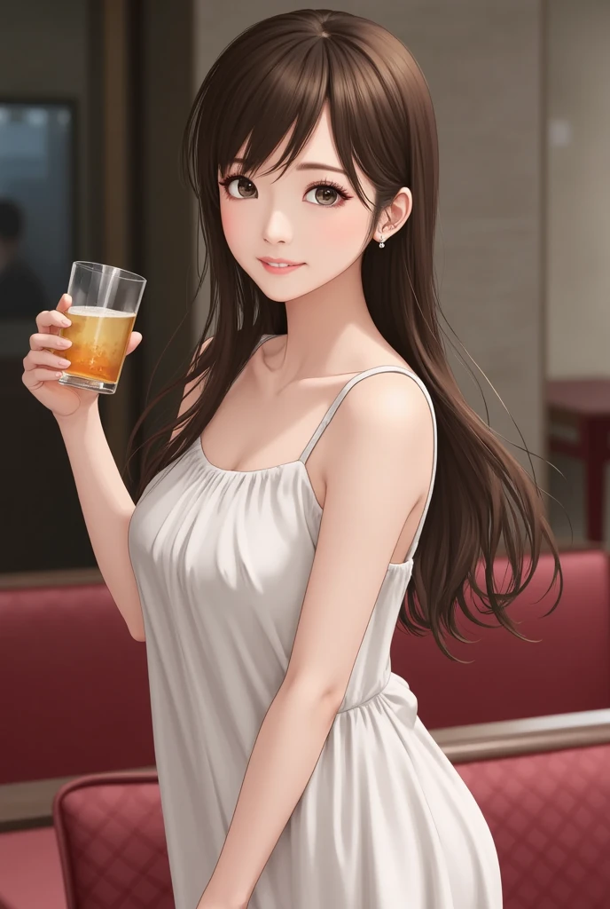creates a 25-year-old woman sitting with her feet crossed holding a glass of orange juice wearing a brown leather miniskirt and a white tank top in a garden passage with tables and chairs