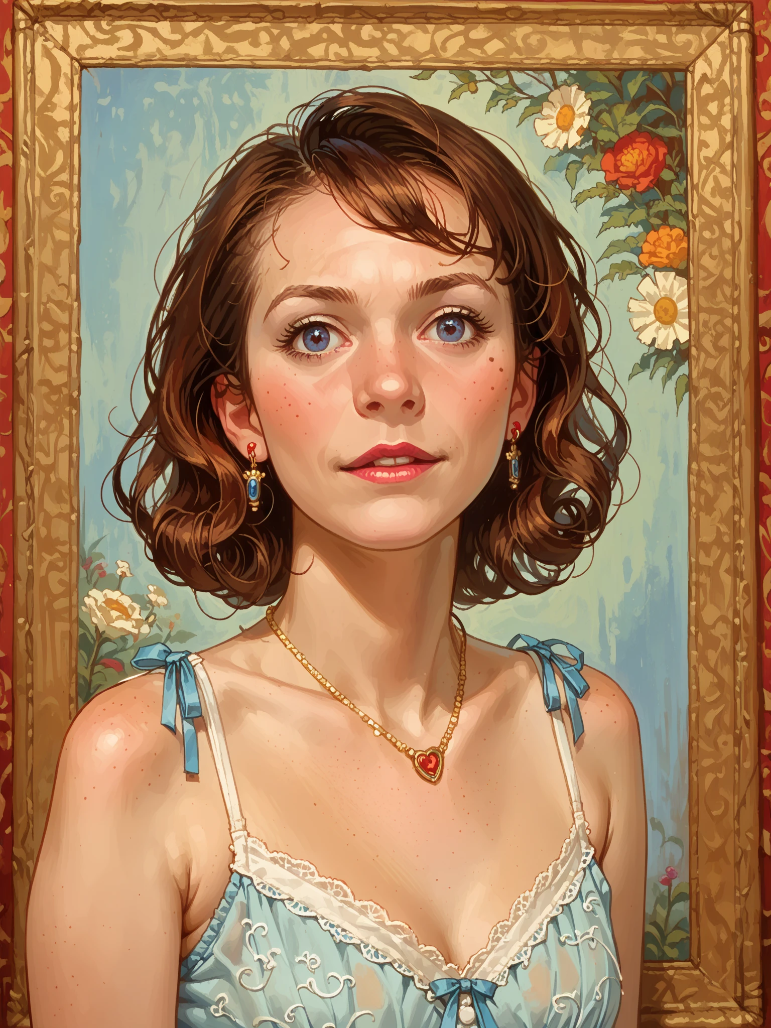 a 1girl, a beautiful teen-aged girl, extremely small breasts, short wavy brown hair, brown eye, eyeglasses, portraite of a, oil painted, contemporary, Realistic Proportion, Intricate, intricate detials, sharp-focus, sepia effect, noise, vignette, cracks and scratches, Polaroid