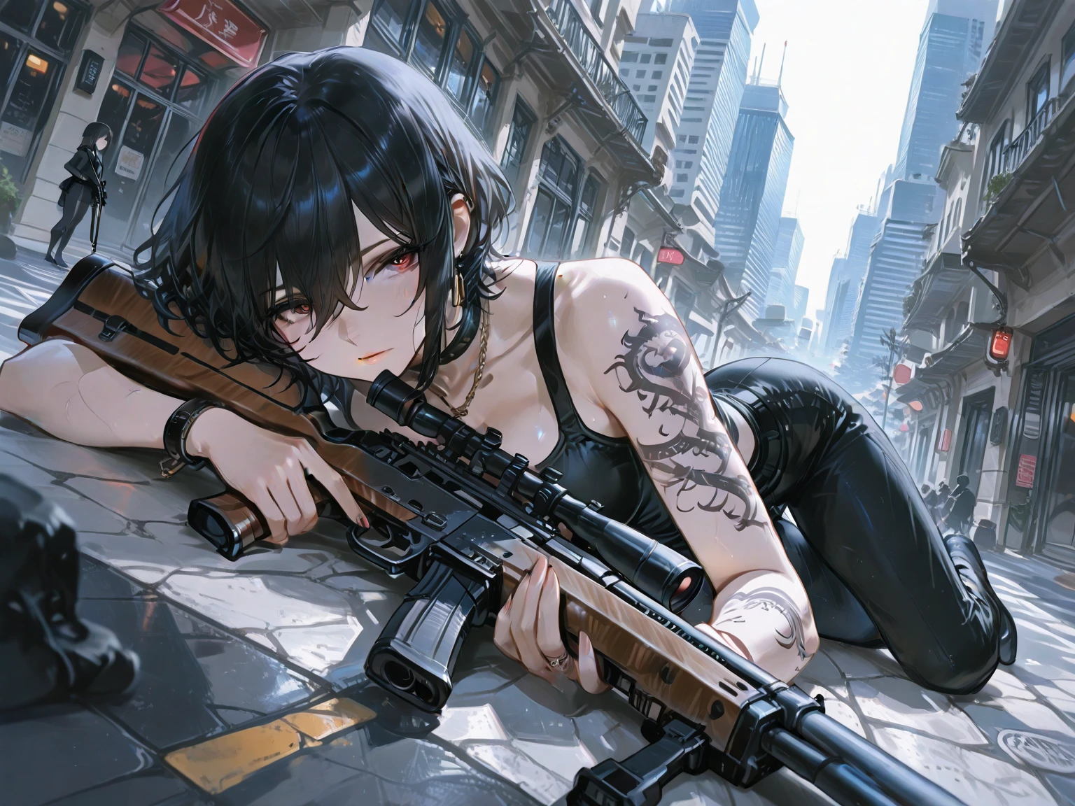 (torn clothes), tank top shirt, skirt, Anti-tank rifles, rocket launcher, Assault rifle, Beam rifle, hand gun, ruined building, absurdres, RAW photo, extremely delicate and beautiful, masterpiece, Best Quality, ultra high resolution, 32k, hyperrealistic, ultra-detailed, detailed description, pale skin, 20 years old, tearful mole, earring, short medium hair, wavy hair, whole body shot,