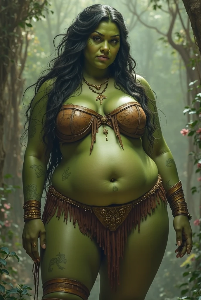 Witch, black pointy hat, green skin, big breast, huge hips, fat, bikini, bare feet tease