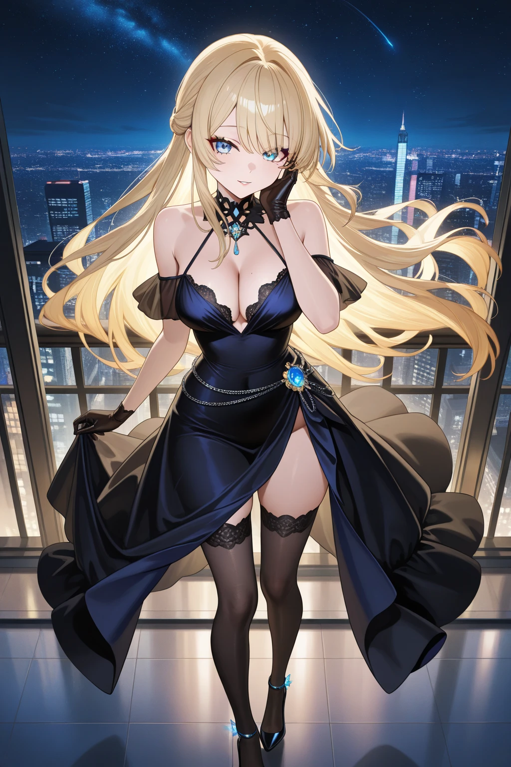 best quality, 8k , super fine illustration, extremely detailed CG ,masterpiece,
beautiful anime style girl ,
Smile, blush, medium breasts, 独奏,Semi-long hair、Blonde、Inward curls、Blue Eyes、Black feather hair ornament、Evening Dresses、Black Dress、(gloves)、Are standing、indoor、Stage greeting cowboy shot ,
telephoto lens, 
 slow shutter speed
,,
(pure color scene),
(best shadow),
,,
(natural light),
,,
(natural reflection),anatomically correct five fingers、On the stage of the theater