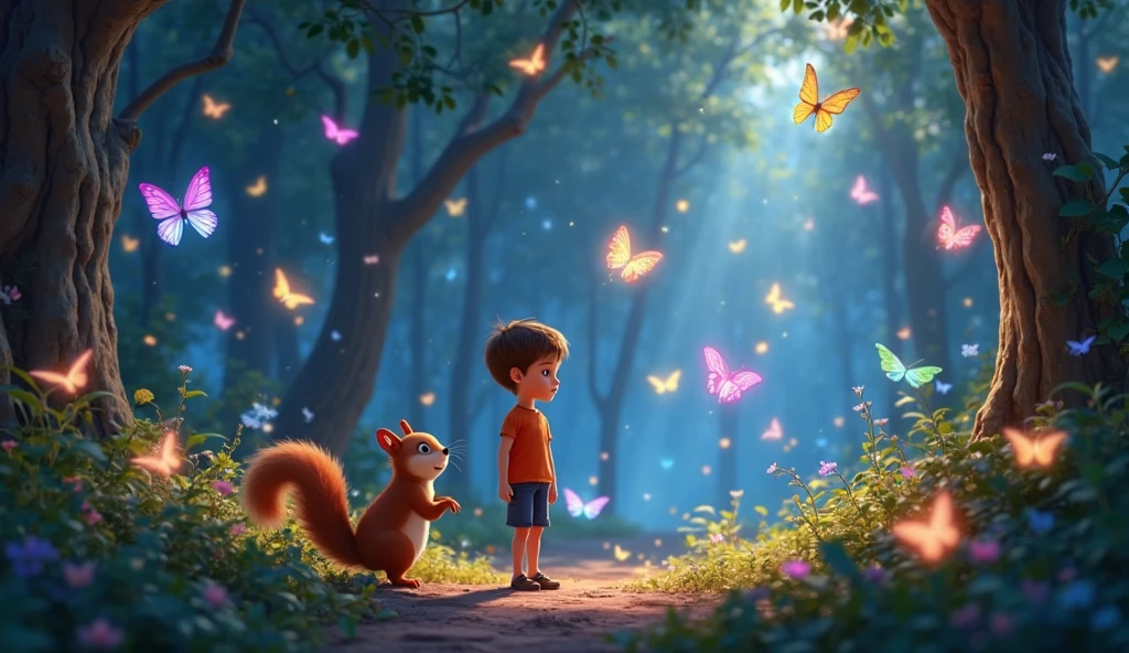 Boy image for YouTube video story in Pixar style, He is a little Alla Bester., He is the class leader., He is about to go out., Playful and curious about many things, short hair,"This is the Tree of Wonders," the squirrel explained. "Inside, you'll find treasures beyond your wildest dreams. 