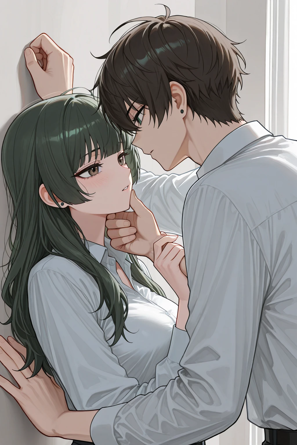 Amazing portrait of a sexy and  woman  wearing a black and white striped t shirt and a dark green skirt kissing and making out passionately with a shirtless boy on the bed in an intimate setting