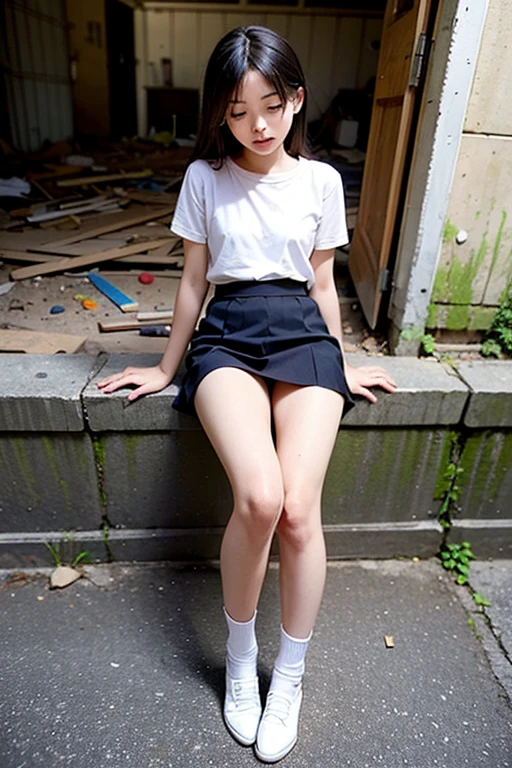 ((No clothes))、((Crouch)),(Completely naked)、Immature girl１people,Thick pubic hair,Small nipples、Slender body､Being thin､Long, slender legs､With legs apart,((ＭCharacter splits))、Focus on the vagina、Focus on the vagina、loafers,Young face、bangs,A small smile,Thighs,knees,Low ponytail with barrette,,school bag,From below,Front light,garden