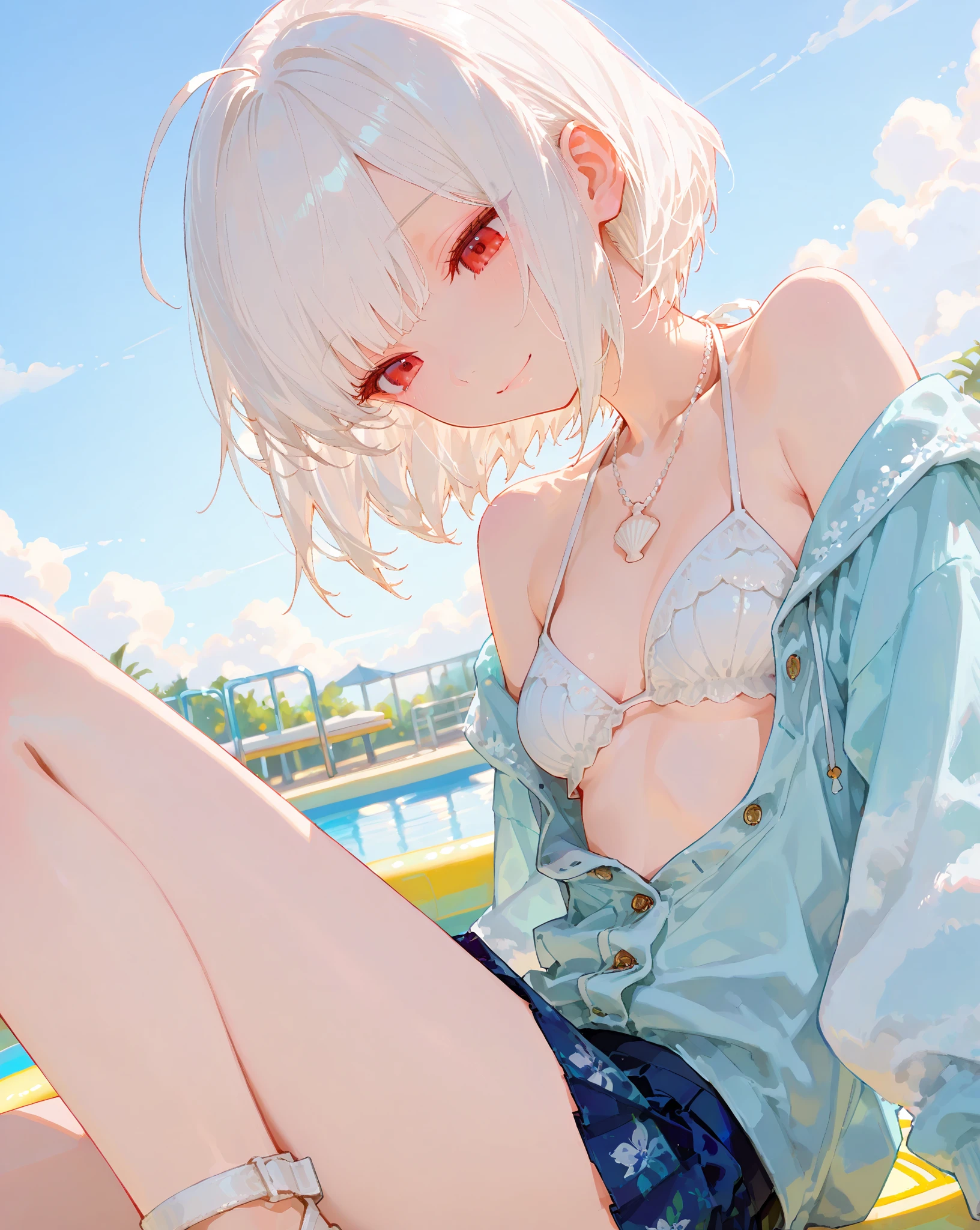 Town white hair and blue eyes anime girl, seductive anime girl, beach by the sea, t-shirt, perfect white hair girl, white hair girl, detailed digital anime art, beautiful anime girl, anime style 4 K, anime art wallpaper 8 K, beautiful and attractive anime woman, beautiful anime woman, 4k anime wallpaper, anime art wallpaper 4k, gray hair, short hair
