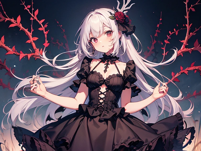 -siki, 1girl, solo, flower, dress, red eyes, rose, black dress, ribbon, jewelry, earrings, hair ribbon, looking at viewer, breasts, kama \(fate\), red flower, red ribbon, grey hair, bangs, red rose, black flower, white flower, bare shoulders, from side, cross, thorns, black rose, long hair, choker, medium breasts, white rose<lora:siki-000018:0.8>,