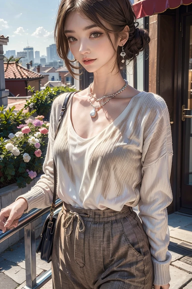 Highest quality, Very detailed, masterpiece, 1 person,Japanese women,(((Perfect female body))),Very beautiful face, Very beautiful body,Gentle expression, Very beautiful eyes,(Perfect Makeup:1.1),Big Breasts,40s、Bob Hair、Brown Hair:1.3, Big Breasts、Soft-looking body、モノトーンビッグサイズShort sleeveシャツ,Ankle Pants,necklace,anklet,A kind smile,Full body portrait,(indoorの背景:1.3), (Glowing Skin),(Earrings),indoor、cute、Short sleeve