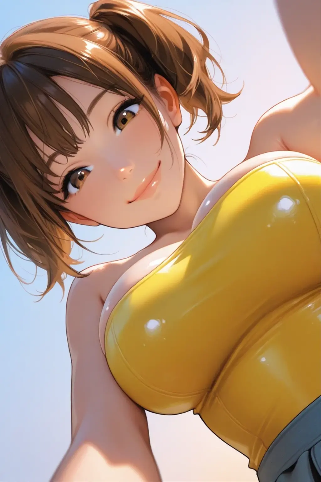 (masterpiece, Highest quality:1.3), (Super detailed:1.4),(Super detailed顔:1.2),(Super detailed目:1.2), (hyperRealistic:1.3), (RAW Photos:1.2), High-definition RAW color photos, Professional photos, (PhotoRealistic:1.4), (Realistic:1.4),8k,Professional Lighting, Perfect Anatomy, BREAK, (Big Breasts:1.4), (blush:1.2), (Bright smile:1.3), detail, Sharp focus, dramatic, dutch angle, 1girl, 独奏, nod anise, short_hair, brown_hair, brown_eyes, yellow eyes, Yellow Jacket, (White Bikini:1.5), Ocean, reflection, sun, Wet, (leaning forward:1.3),(hands on knees:1.3)