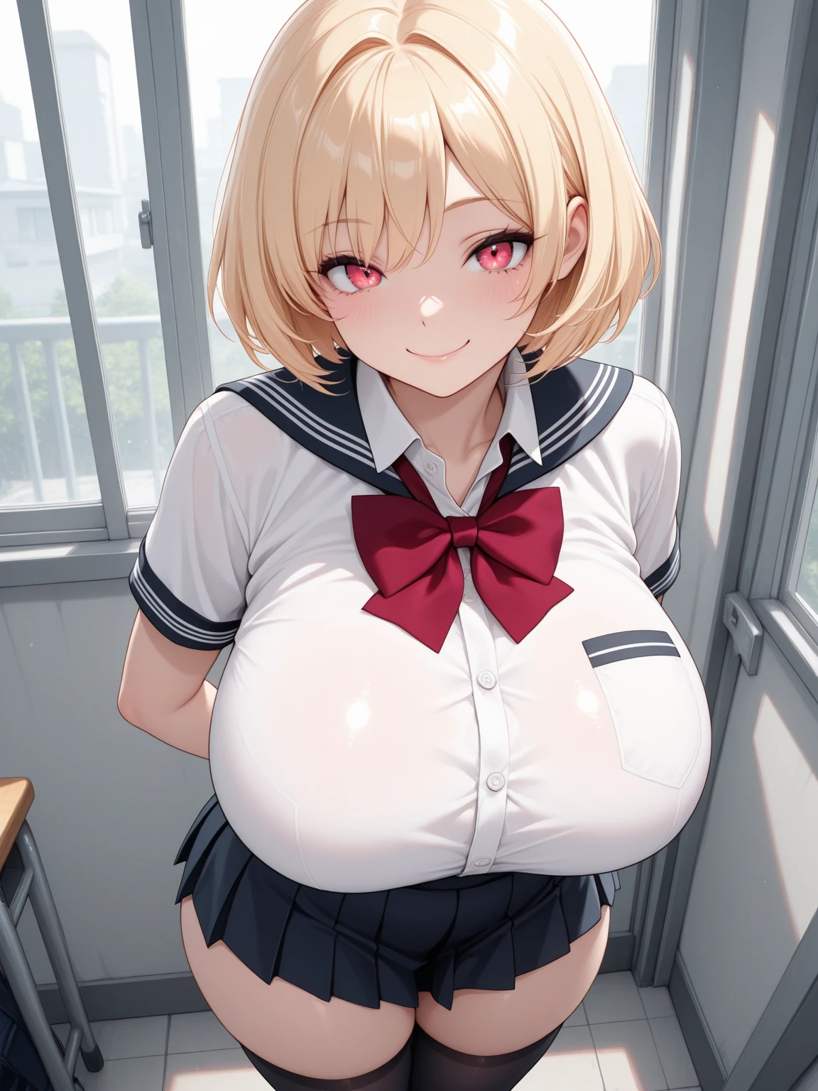 Solo (((best quality)), (Super Detail), 1 Girl,(Huge bust:1.5) Blonde straight hair,(Embarrassed face:1.5) School, Sitting in a chair、classroom, white panties 15 years old, Skinny legs, uniform, skirt,Nipple piercing,(Red bra showing through) Ear Piercing, Black choker, Loose tie, socks, Sailor collar, プリーツskirt, 白いsocks, 黒いskirt, Short sleeve、White shirt,Black Sailor Collar,Blue scarf,Mini Lingerie T-shirt、Beaded Bracelets,Clenching the wrist,,Open her mouth,Smile,By bangs,perfect hand,Detailed fingers of the hand